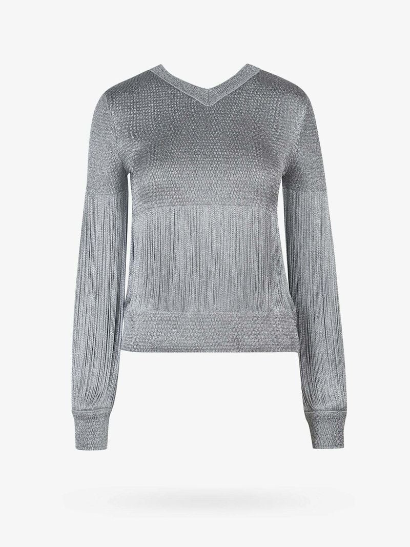 New Bottega Veneta Metallic Fringe V-Neck Sweater Silver Size Xl